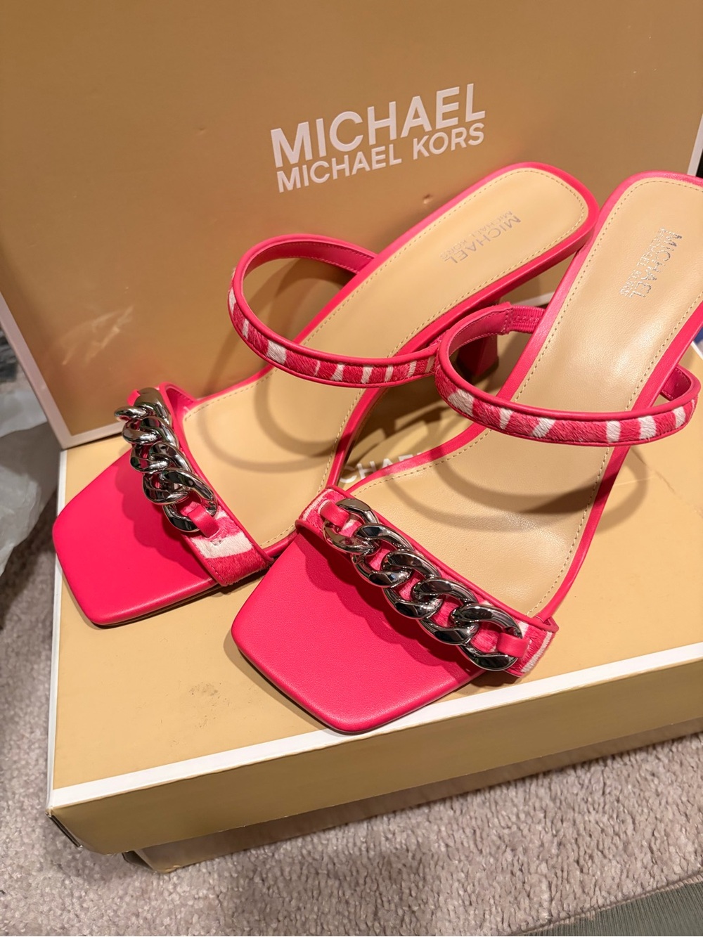 Michael Kors Pink Chain-Trim Square Toe Slide Sandals